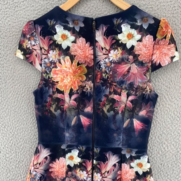 Betsey Johnson Dress Womens 4 Navy Multi Floral Sheath Scuba Career Cap Sleeve - Picture 4 of 12